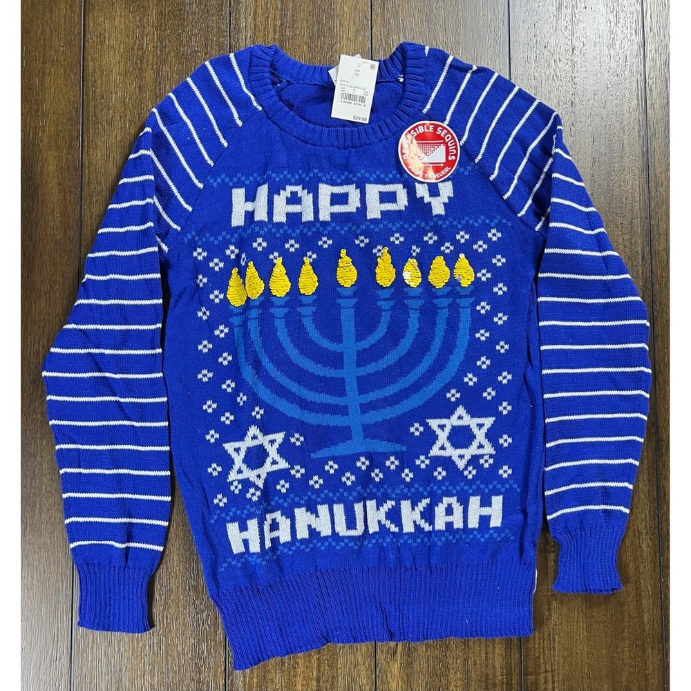 Well Worn Happy Hanukkah Sweater Royal Blue Reversible Sequin Menorah XS NEW